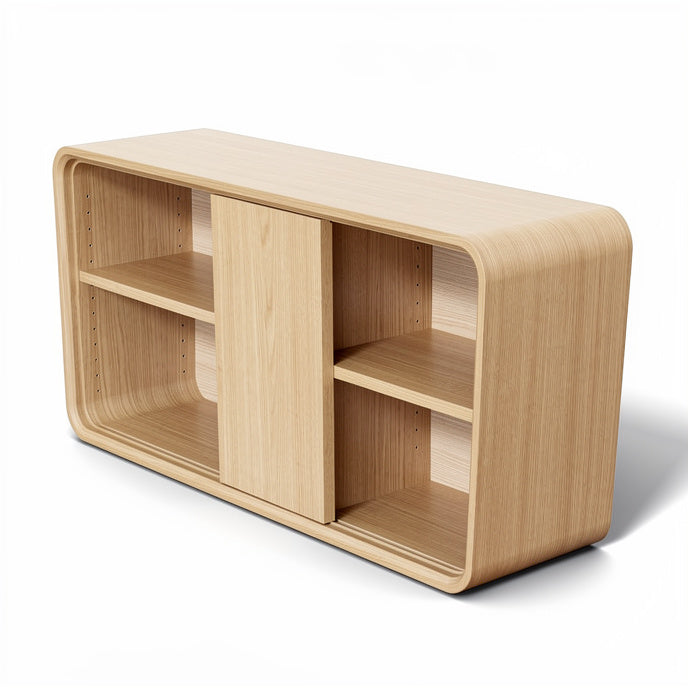 **Technische titel in het Nederlands: Modern houten TV-meubel met afgeronde hoeken en open planken**