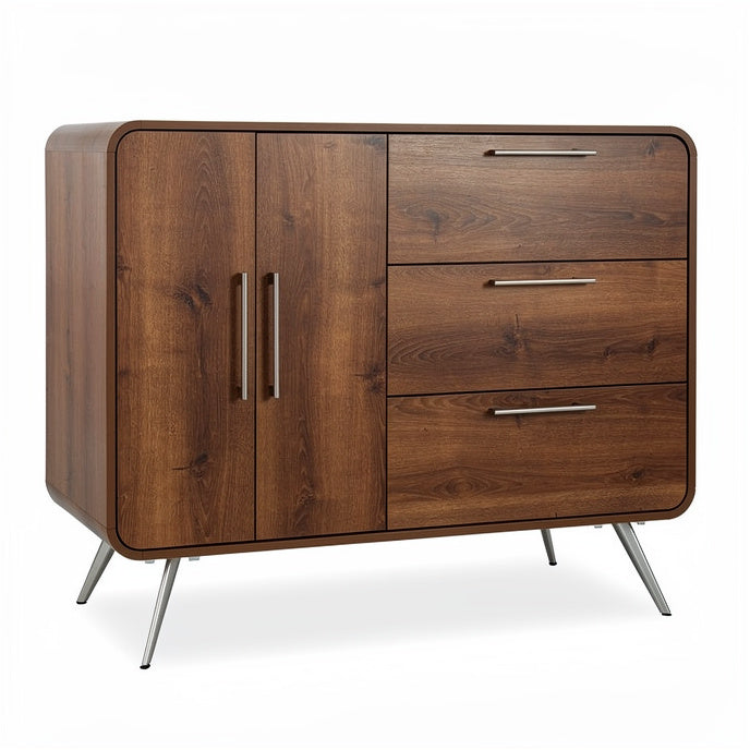 **Moderne houten kast met metalen handgrepen en strakke lijnen**
