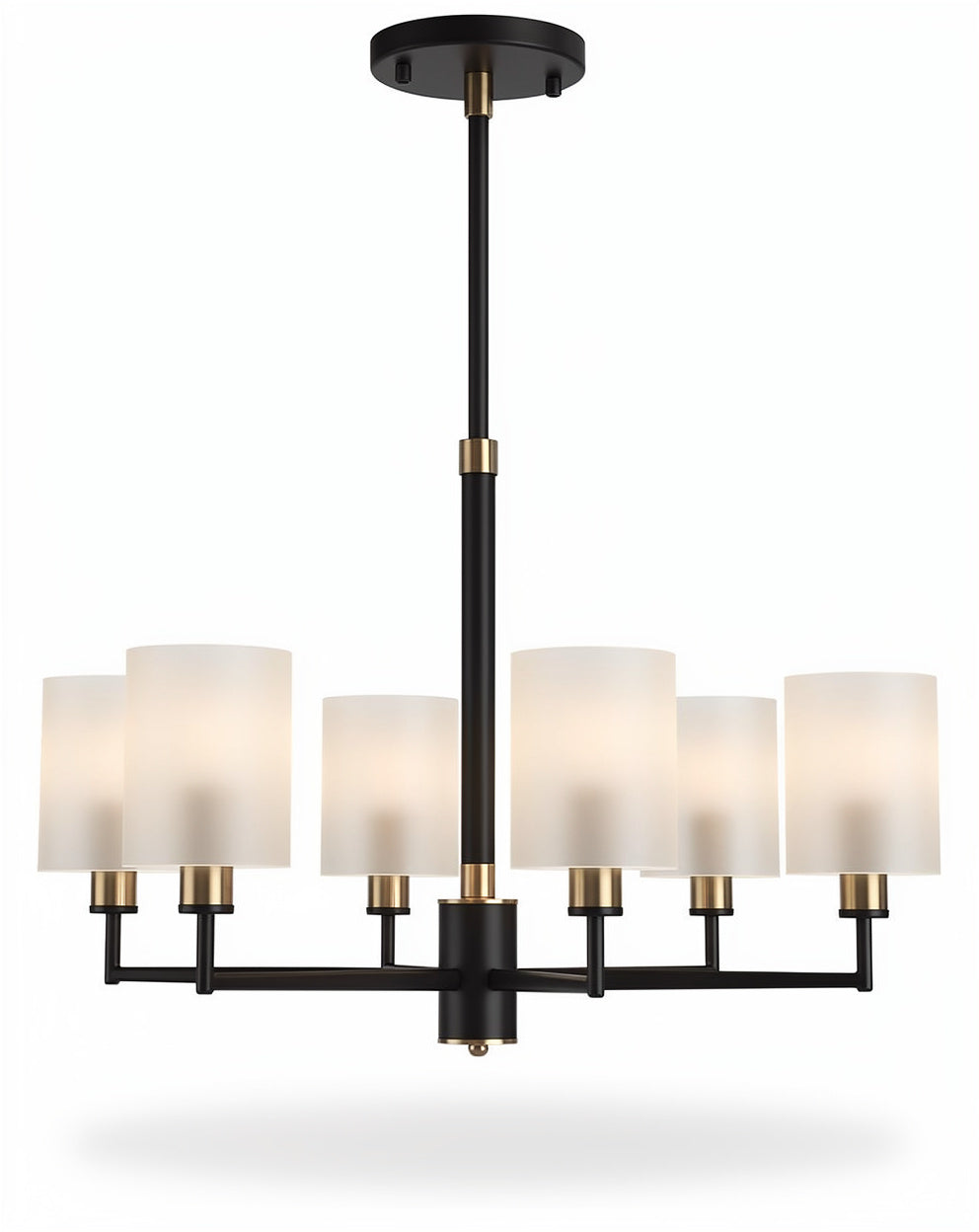 **Moderne Hanglamp met Mat Witte Lampenkappen en Gouden Accenten**
