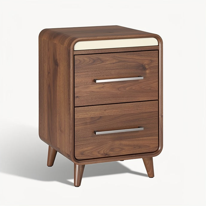Technische titel in het Nederlands: **Moderne houten nachtkast met twee lades en afgeronde hoeken**
