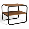 **Moderne salontafel met houten blad en metalen frame**