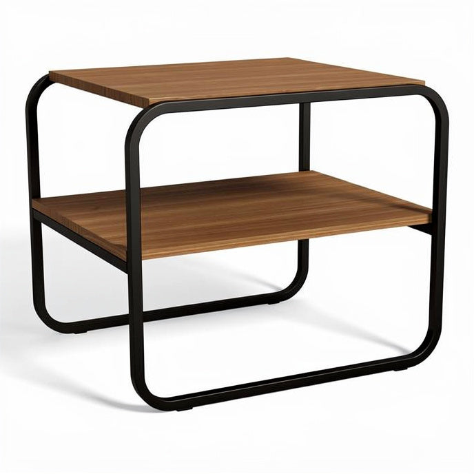 **Moderne salontafel met houten blad en metalen frame**