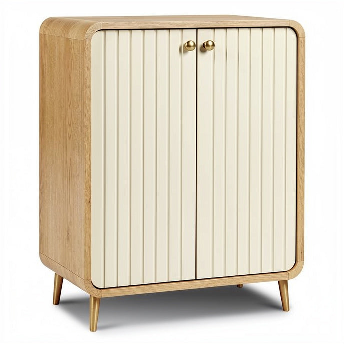 **Technische titel in het Nederlands: Moderne houten kast met ribbeldeuren en gouden handgrepen**